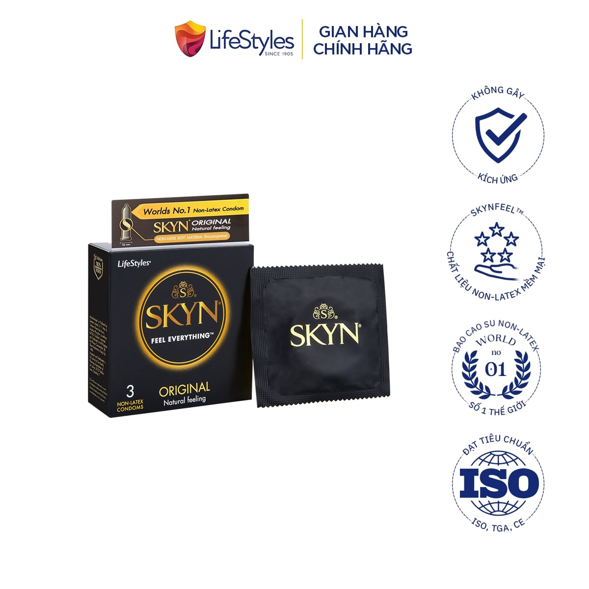 Hộp 3 Cái Bao cao su Lifestyles Skyn Original Non-Latex cao cấp, bao cao su nam skyn không mùi cao su cảm giác chân thật không gây dị ứng