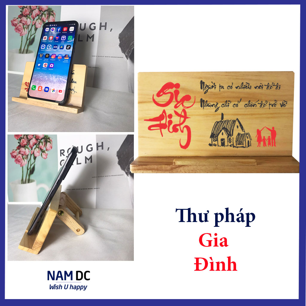 Giá để điện thoại gỗ, kệ đỡ điện thoại, bằng gỗ xếp được - loại thấp - thư pháp GIA ĐÌNH