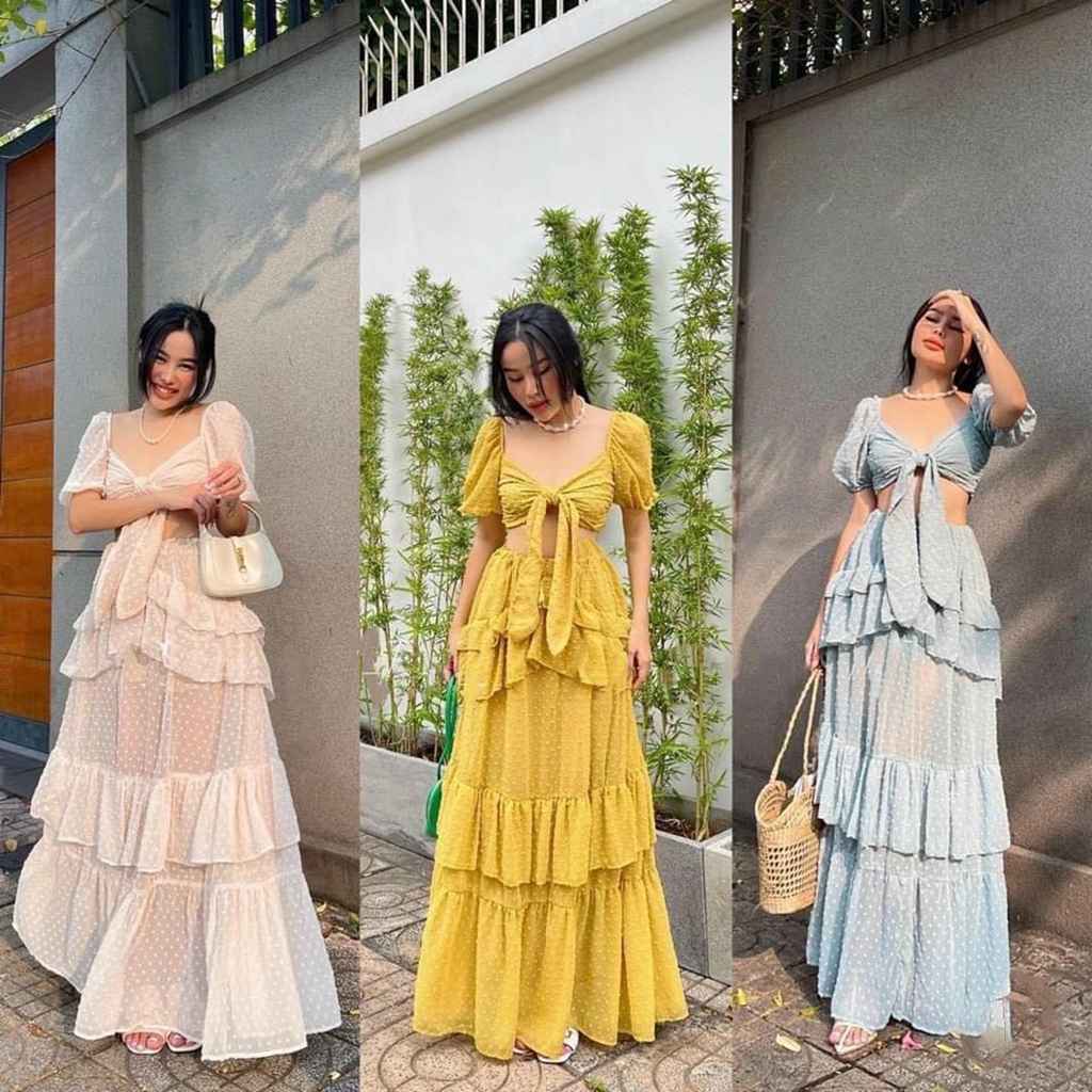 Set maxi siêu sống ảo cột nơ ngực với chân váy xếp tầng chụp hình phong cách Haki MSP118 chất Voon đẹp sang trọng