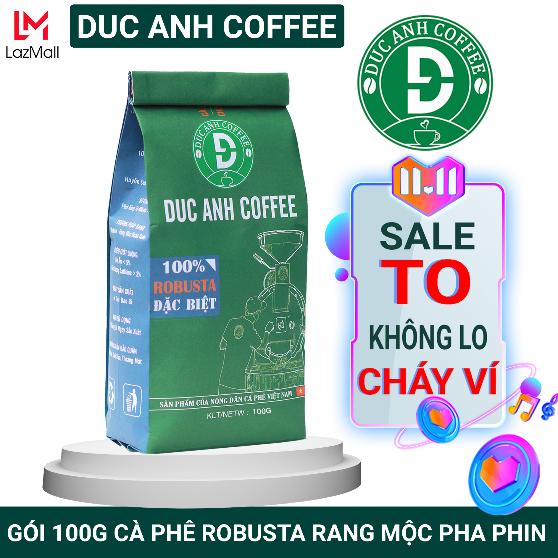 Cà Phê Rang Mộc DUC ANH COFFEE gói 100g thành phần 100% ROBUSTA Buôn Ma Thuột - xay Pha Phin - cà phê Đức Anh - cafe rang xay pha phin