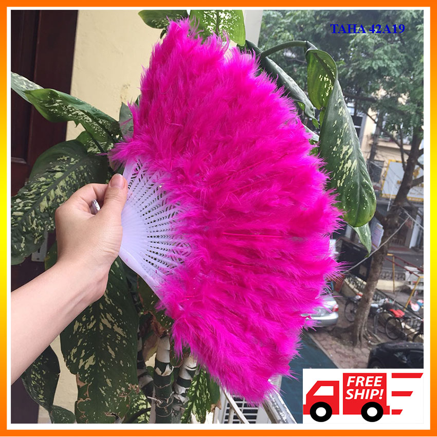 Quạt lông vũ múa cổ trang QUATBE TAHA 42A19 - Quạt lông vũ trang trí oản tài lộc, đạo cụ khiêu vũ KT 23x40cm