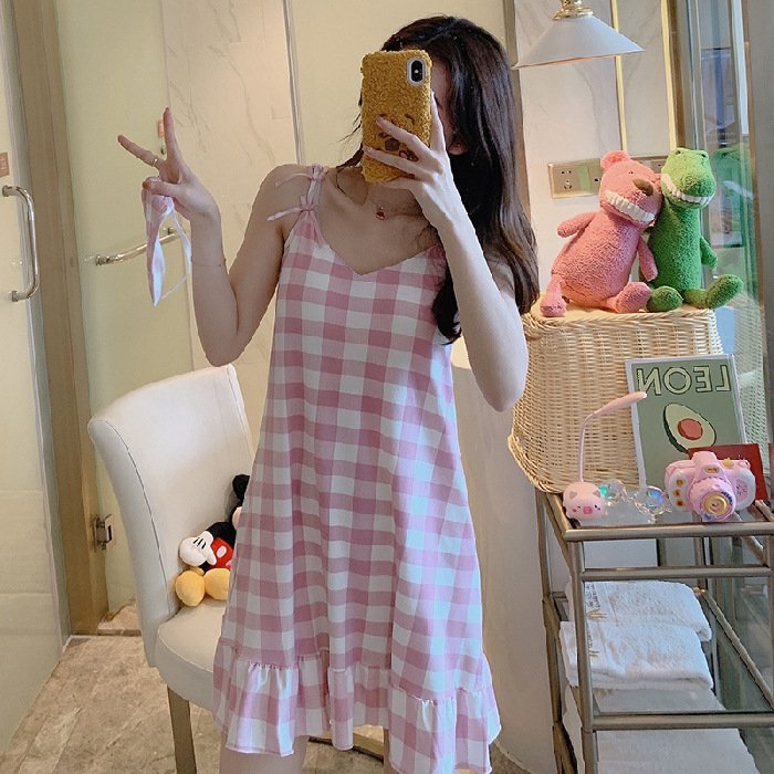 Đầm 2 dây, đầm mặc nhà, đầm ngủ họa tiết kẻ sọc trẻ trung, có mút ngực Z03