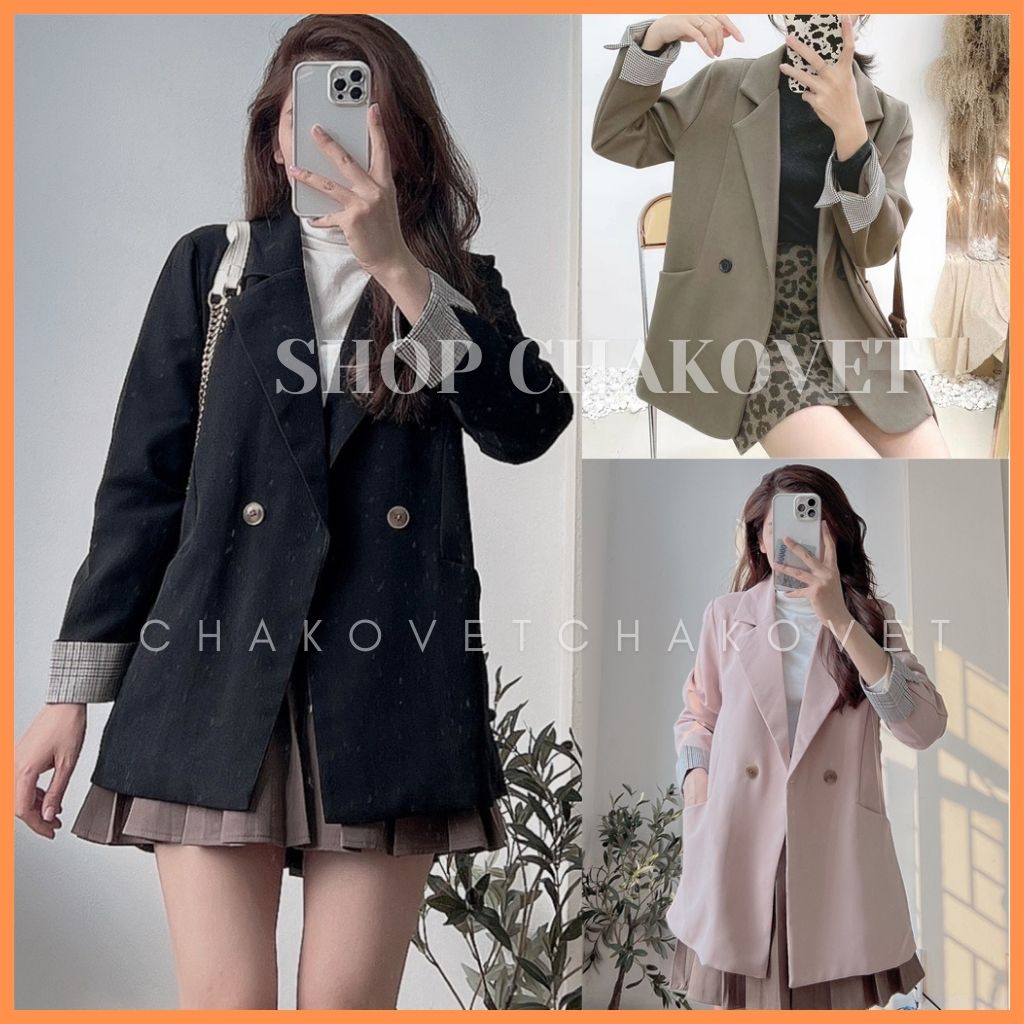  Áo blazer nữ 2 lớp khoác ngoài tay pha kẻ AB.8129 kiểu áo cổ vest 2 cúc 2 túi thật style hàn quốc mix được nhiều đồ 