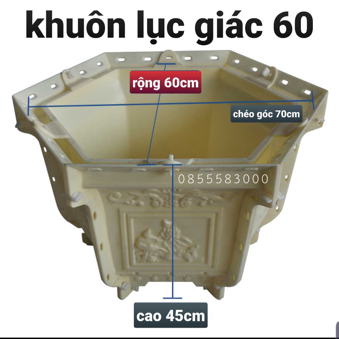 Khuôn đúc chậu cảnh lục giác 60 phúc lộc thọ+ chân đôn bệ (khuôn ABS có lòng trong nguyên khối)
