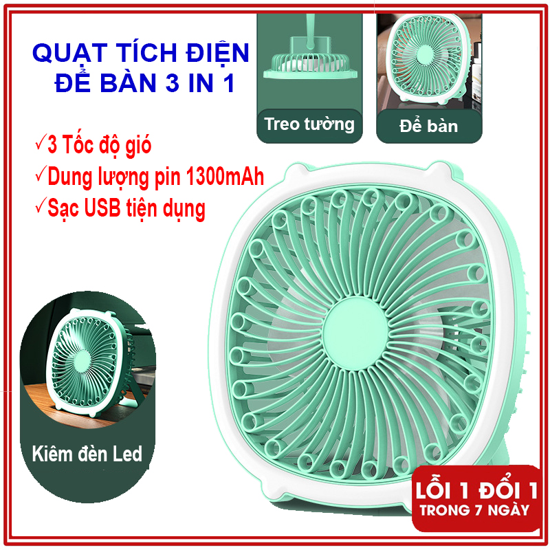 Quạt tích điện để bàn, quạt mini treo tường , quạt sạc tích điện đa năng kiêm đèn led, 3 cấp độ gió, pin sạc usb tiện dụng, quạt treo tường, quạt mini tích điện , quạt tich điên mini, quạt tích điện treo tường