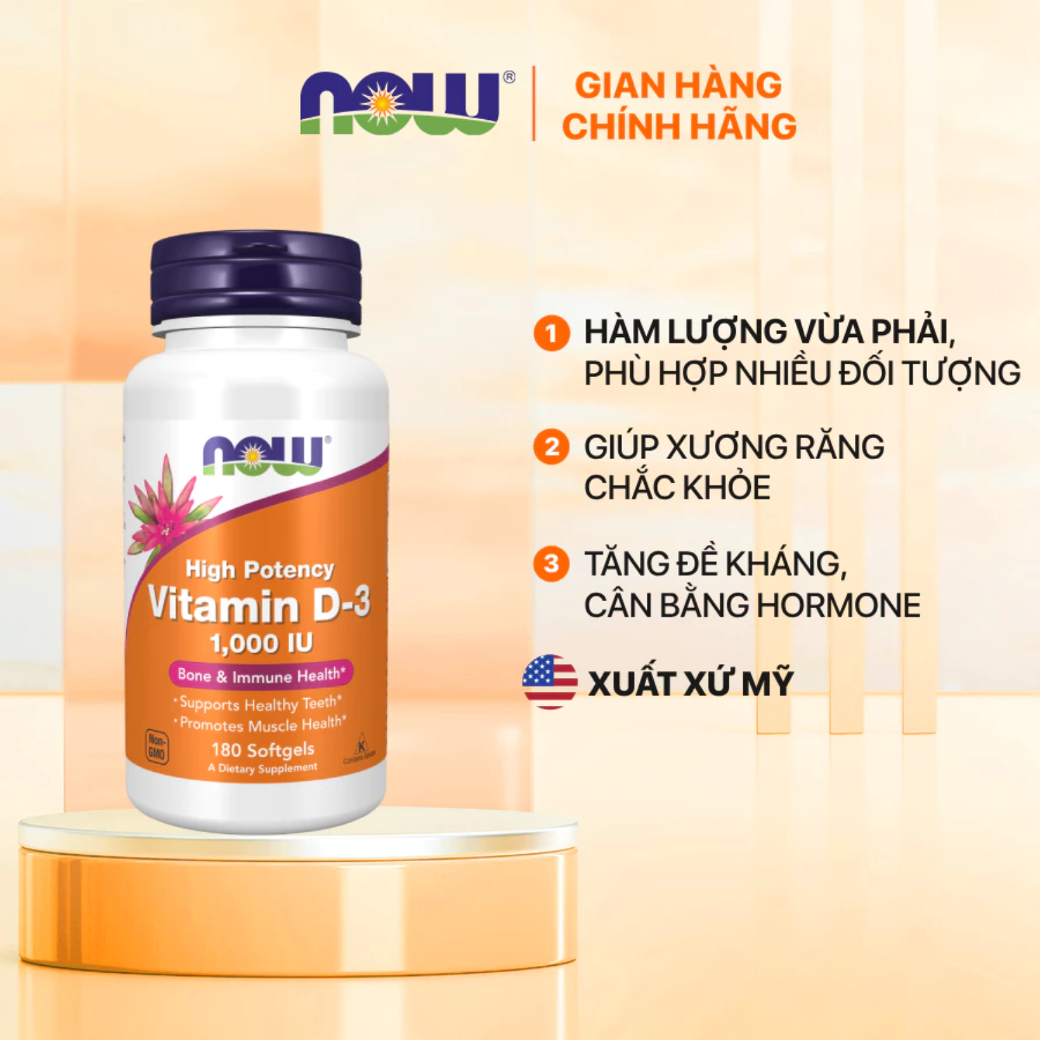 Viên uống Vitamin D3 1000IU / 2000IU / 5000IU Now (Mỹ) giúp xương răng chắc khỏe, tăng đề kháng