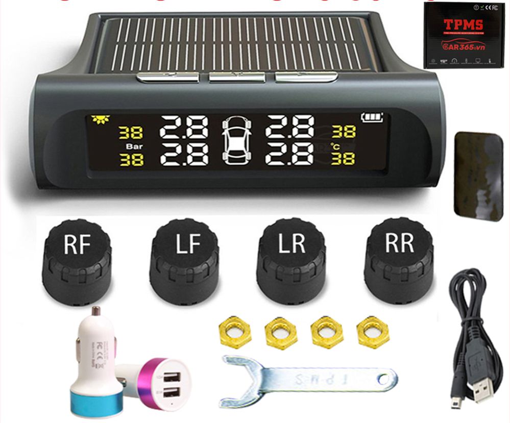 Cảm biến áp suất lốp ô tô xe hơi van ngoài cao cấp Car365 Chip công nghệ ĐỨC  ( TẶNG Kèm Tẩu Sạc ), Màn Mầu LCD sắc nét, Kết nối không dây - Sạc Năng lượng Mặt Trời và USB - PIN màn siêu bền 5 Năm