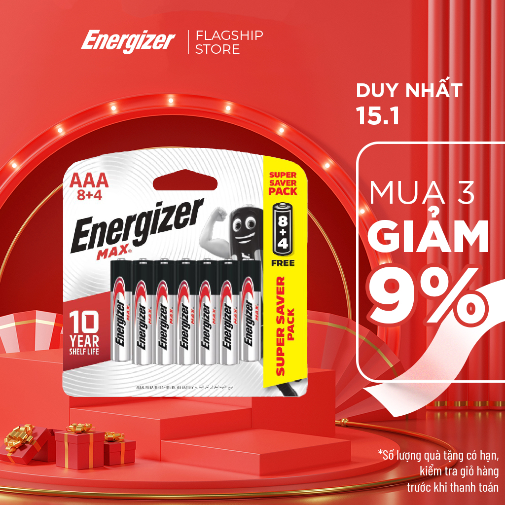 Pin AAA Energizer Max E92 BP8+4 - Vỉ 8 Tặng 4