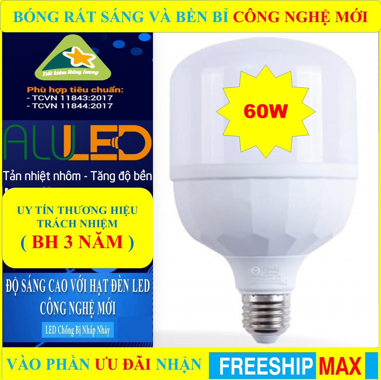 Bóng Đèn LED Trụ 60W (Thế Hệ Mới) LOẠI XỊN KÍN NƯỚC (BH 3 NĂM) (ánh sáng trắng) Siêu Sáng Tiết Kiệm Điện