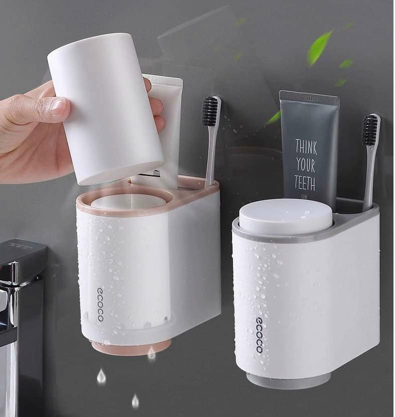 Kệ Để Cốc Bàn Chải Đánh Răng Kèm 2 Cốc Ecoco, Bộ Để Cốc Đăng Răng Lắp Đặt Dính Tường Không Cần Khoan Vít