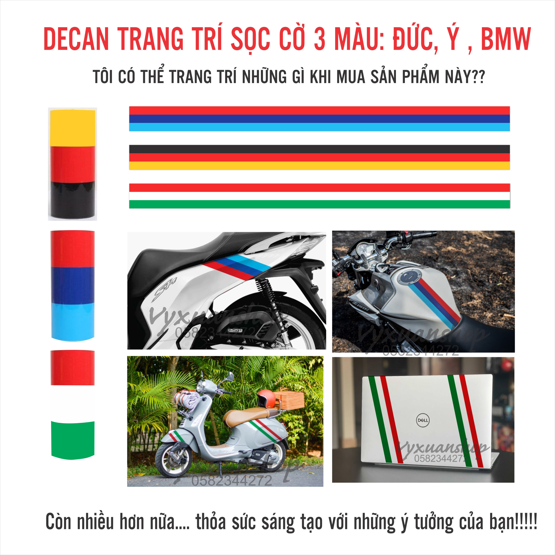 Decan trang trí sọc cờ 3 màu: Đức, Ý, AMG dán xe máy, xe nam, nắp capo, laptop...có kèm đồ dán tại nhà dễ sử dụng