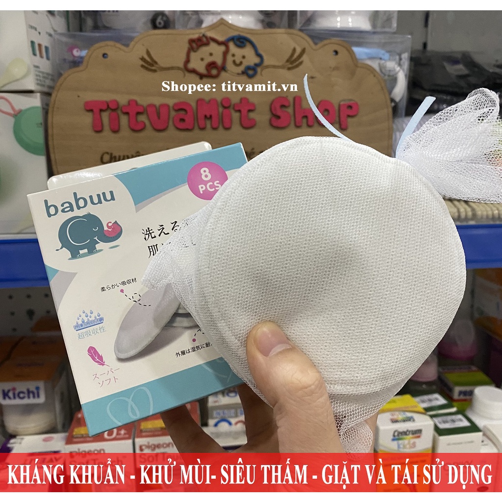 Hộp 8 miếng lót thấm sữa vải Babuu Nhật Bản dùng được nhiều lần, kháng khuẩn, khử mùi, siêu thấm