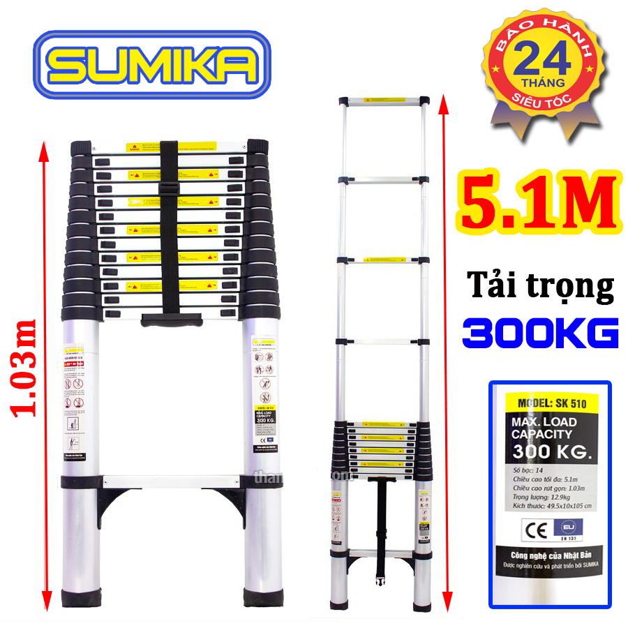 Thang nhôm rút đơn xếp gọn 5.1M SUMIKA SK510 SKS510 bảo hành 2 năm, tải trọng 300kg, thang đa năng