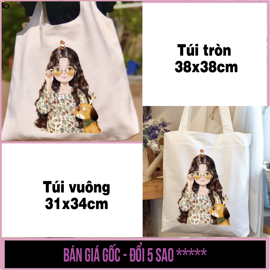 Túi vải túi canvas có khóa kéo in hình cô gái đeo kính - Túi Mơ To store