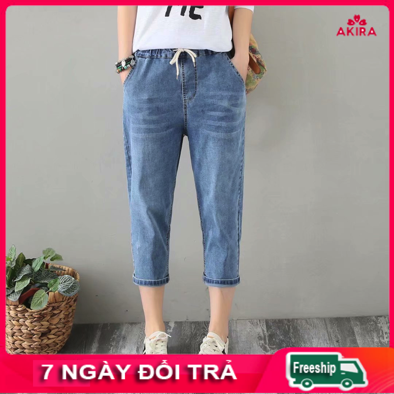 Quần jean baggy nữ vải co giãn size đại lững lưng thun eo co giãn trơn mặc thoải mái cho người từ 45-90kg Akira Store
