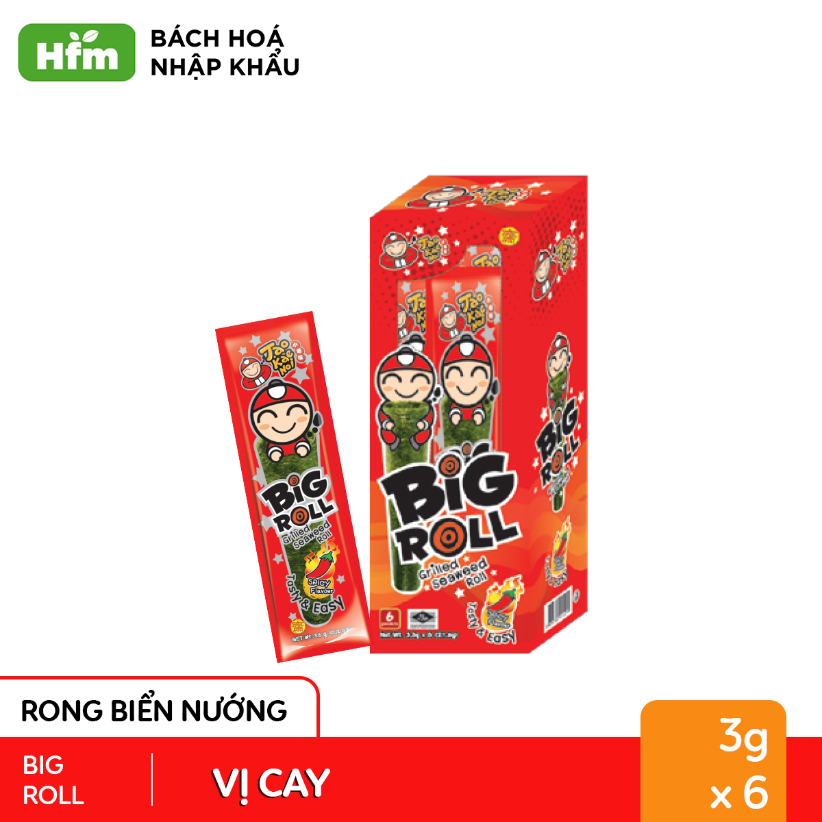 Rong biển TaoKaeNoi BIG ROLL 3g Hộp 6 gói vị Cay giòn thơm, đậm đà, cay nồng