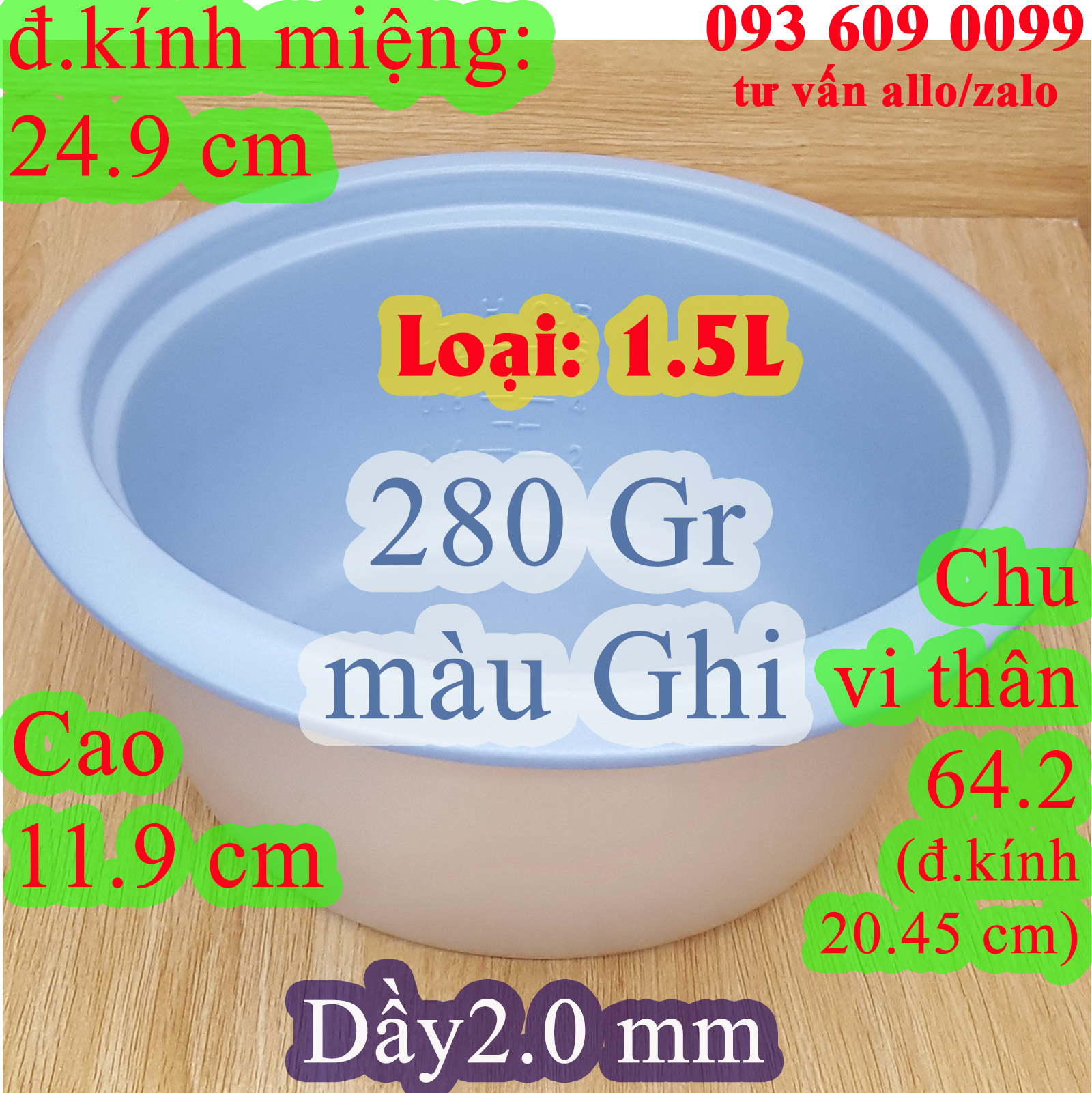 Lòng nồi cơm điện nắp rời-1.5 l chống dính màu ghi, nặng 280 gr