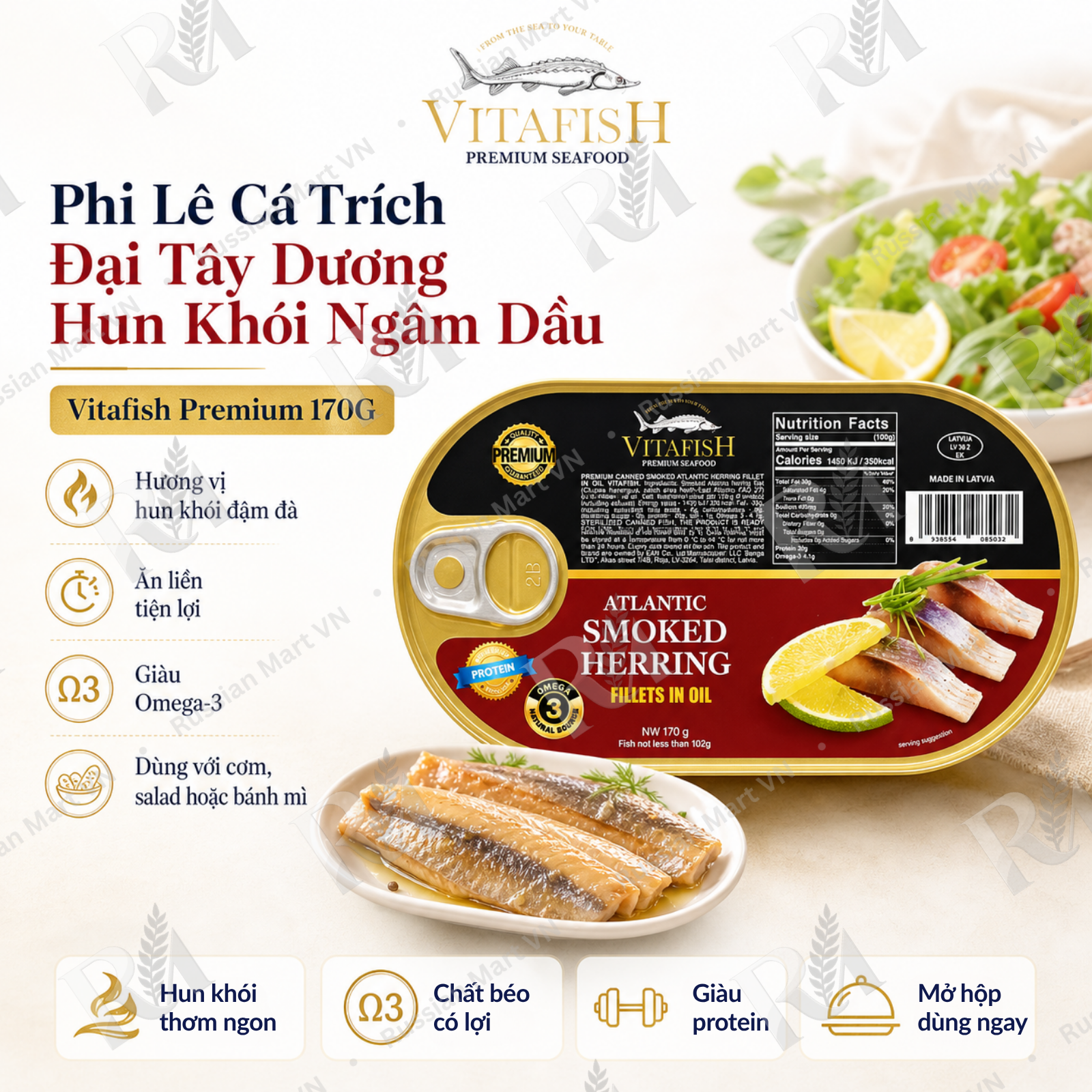 Cá Trích Hun Khói Ngâm Dầu Vitafish Premium 170G - Phi Lê Cá Trích Đại Tây Dương Đóng Hộp Ăn Liền, Giàu Protein & Omega-3, Vị Hun Khói Đậm Đà, Nhập Khẩu Từ Latvia, Dùng Với Cơm, Bánh Mì, Salad - Russian Mart VN