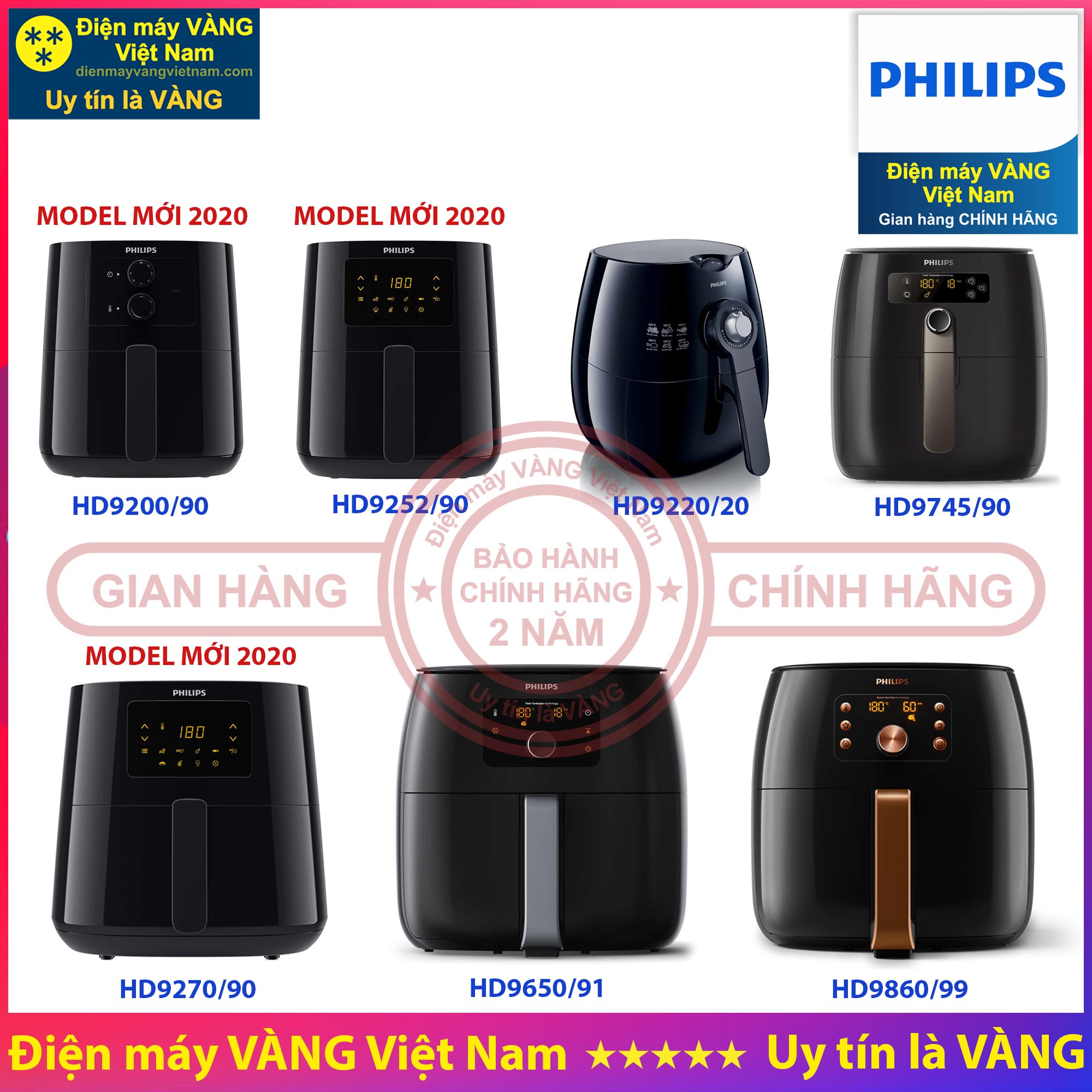 Nồi chiên không dầu Philips HD9200 HD9252 HD9220 HD9745 HD9270 HD9650 HD9860 HD9280(Bảo hành chính hãng 2 năm tại các Trung tâm bảo hành Philips trên toàn quốc)