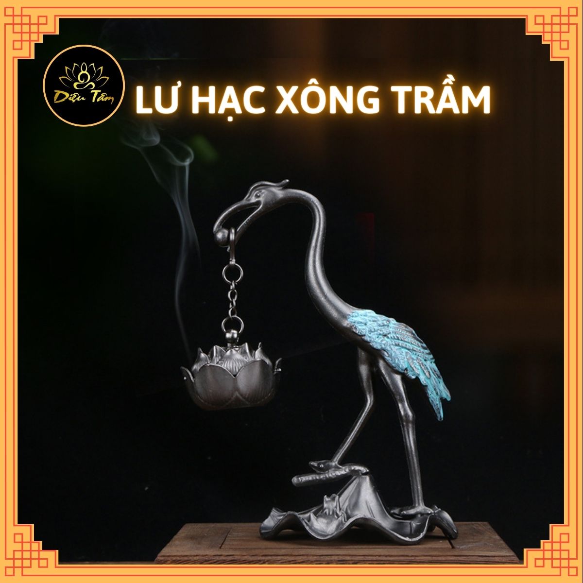 Lư đốt trầm hồng hạc Lư xông trầm hương hạc tiên ngậm hoa sen lư hương trang trí decor tiểu cảnh phong thủy thờ cúng shop Diệu Tâm