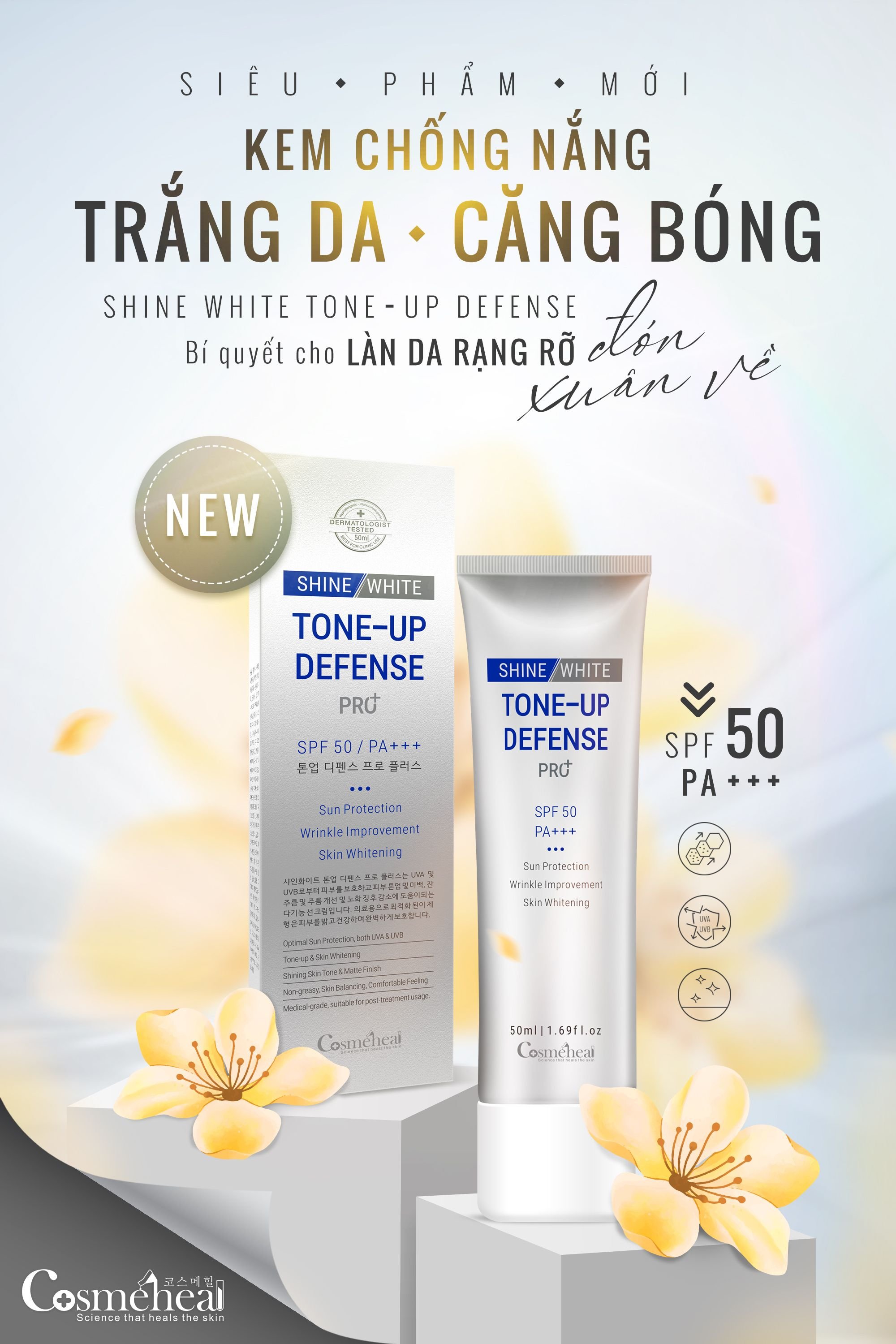 [HCM]Kem Chống Nắng COSMEHEAL Shine White Tone Up Defense Pro+SPF 50 PA+++ Dưỡng Trắng Chống Nắng Cấp Ẩm Da
