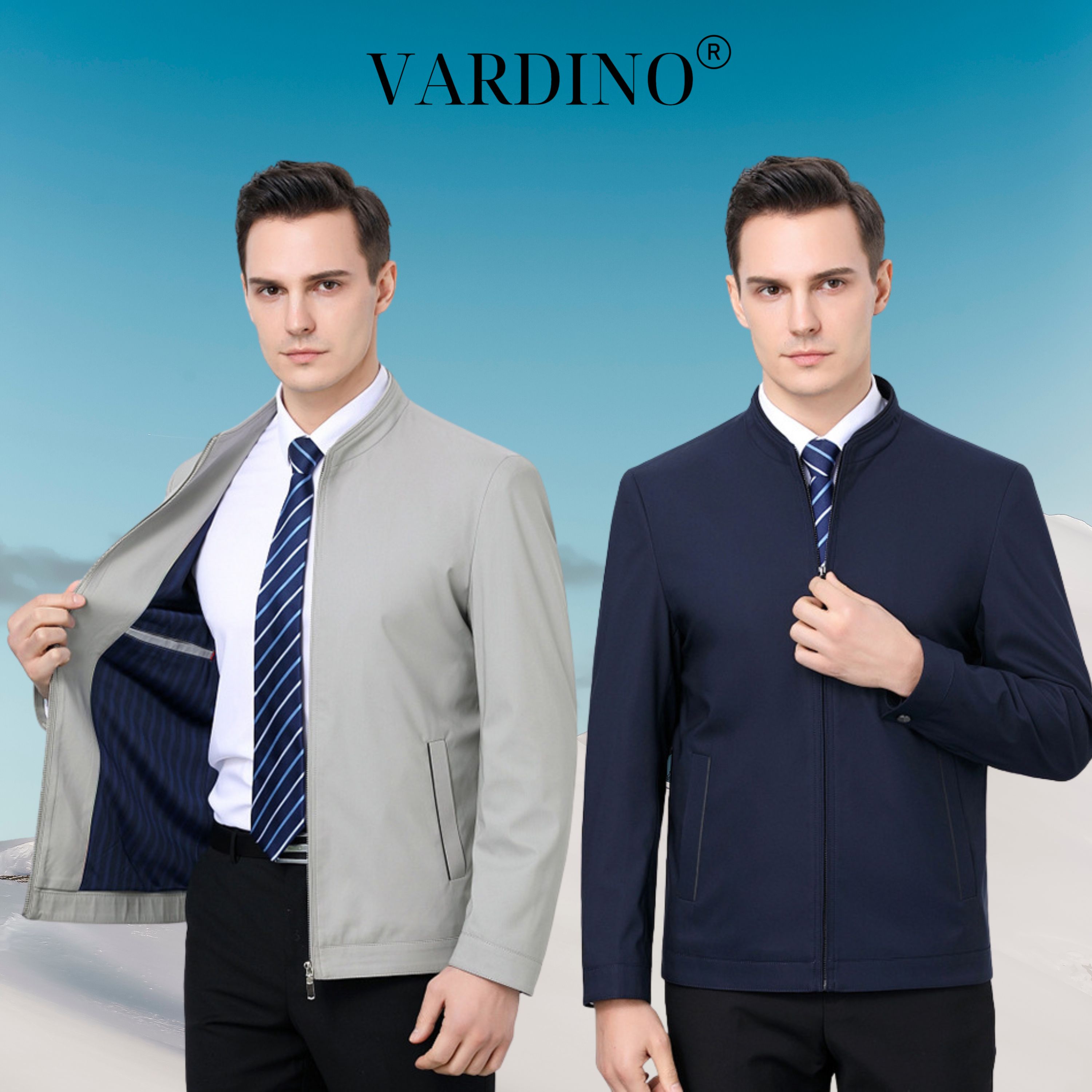 Áo khoác nam trung niên VARDINO cổ đứng thấp vải nhẹ cao cấp họa tiết trơn mùa thu đông có 2 túi trong và séc chống kẹt màu xanh than và màu vàng đất AK10, AK11, AK08, AK12