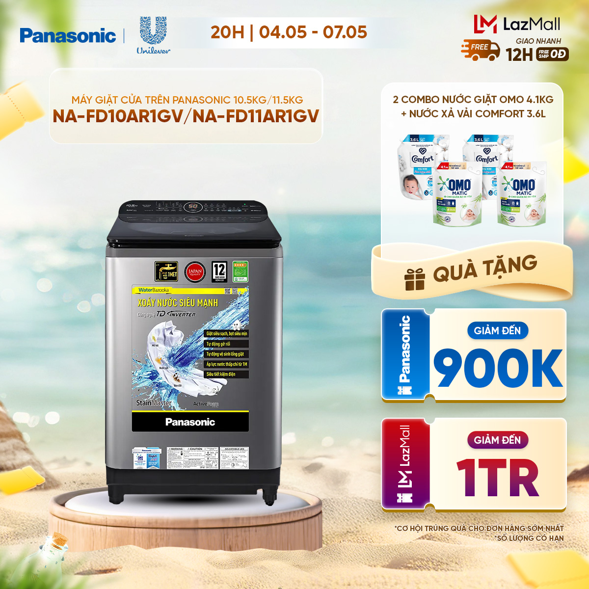 [Thu thập voucher 18% tối đa 1500k][Trả góp 0%] Máy Giặt Cửa Trên Panasonic 10.5KG 11.5KG NA-FD10AR1