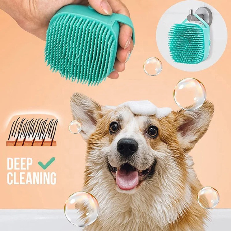 Bàn chải tắm chó mèo đầu silicon massage có khay đựng sữa tắm