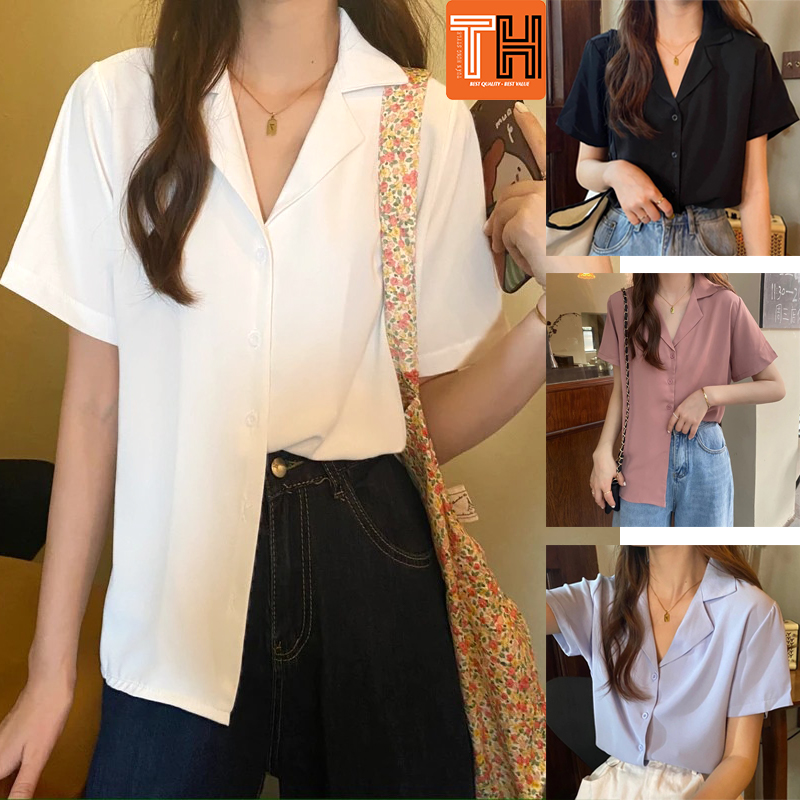 Áo sơ mi nữ tay ngắn form rộng sơ mi cổ vest tay lỡ dáng công sở chất vải lụa mịn chống nhăn