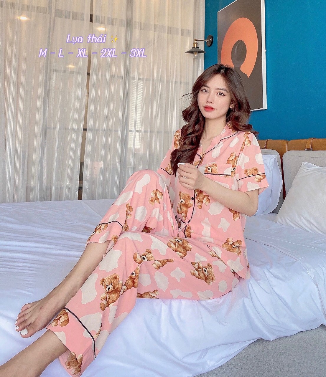 Bộ đồ bộ pijama lụa thái in hoạ tiết - m-l