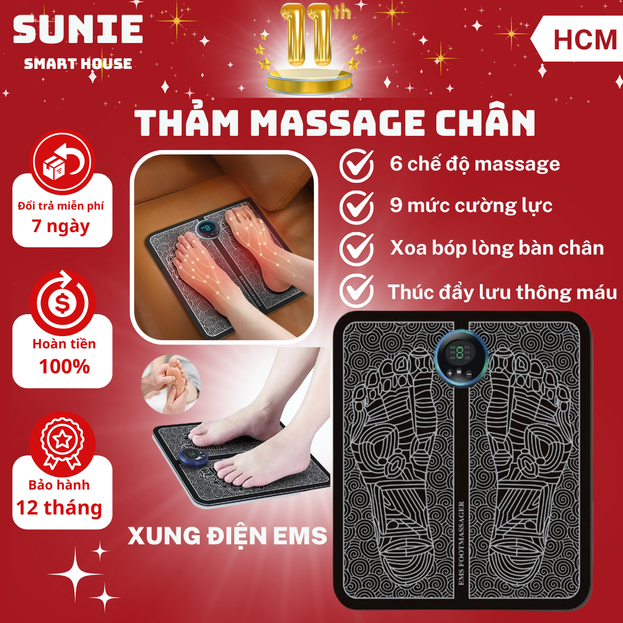 Thảm Massage Chân Xung Điện EMS Có Đèn Led Hiển Thị, 6 Chế Độ Mát Xa Bàn Chân, Giúp Lưu Thông Khí Huyết, Giảm Đau Nhức, Mệt Mỏi Nhanh Chóng, Máy massage chân, thảm massage chân nhật bản xung điện cao cấp, thảm mát xa chân nhật bản