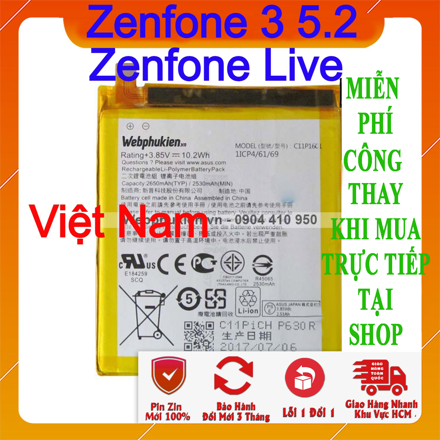 Pin Scud cho Asus Zenfone 3 5.2, Zenfone Live ZE520KL - 2650mAh