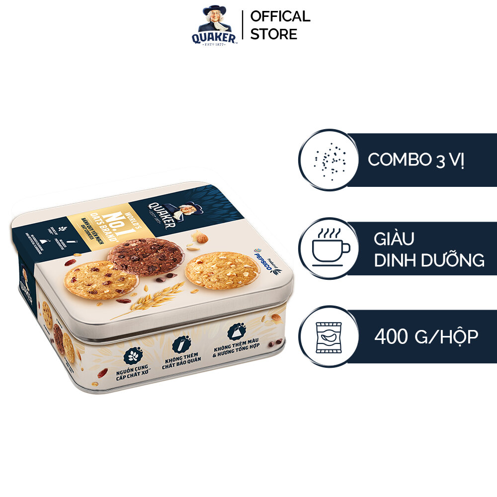 Hộp thiếc Bánh Quy Yến Mạch Quaker 400G 3 vị (Hạnh Nhân, Socola, Nho Khô)