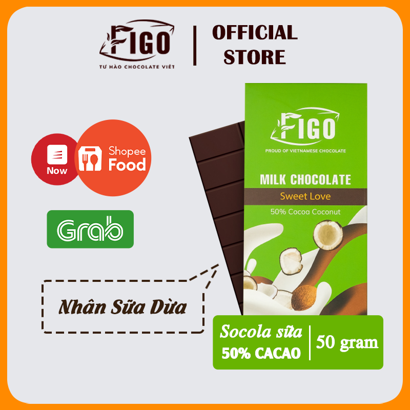 Milk Chocolate 50% Cacao Figo nhân Coconut,Socola sữa 50% Cacao Figo nhân Sữa Dừa thanh 50gr