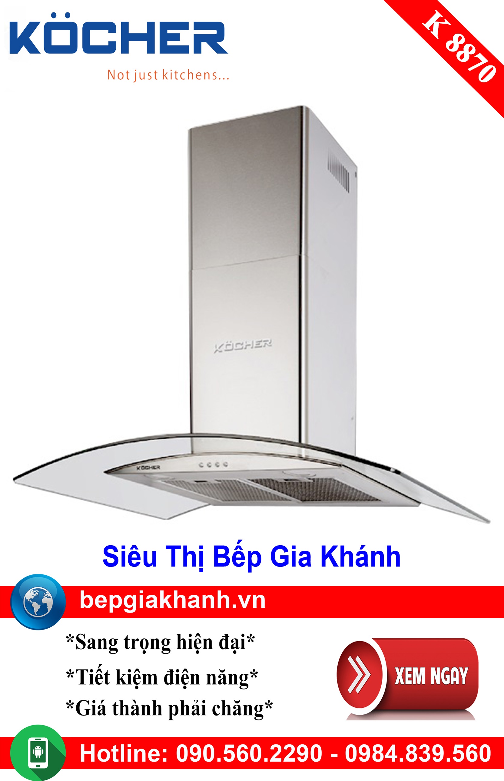 [HCM]Máy hút mùi kính cong 70cm Kocher K 8870 máy hút mùi nhà bếp máy hút mùi bếp máy hút mùi kính cong máy hút mùi canzy máy hút mùi mini máy hút mùi âm trần máy hút mùi electrolux may hut mui