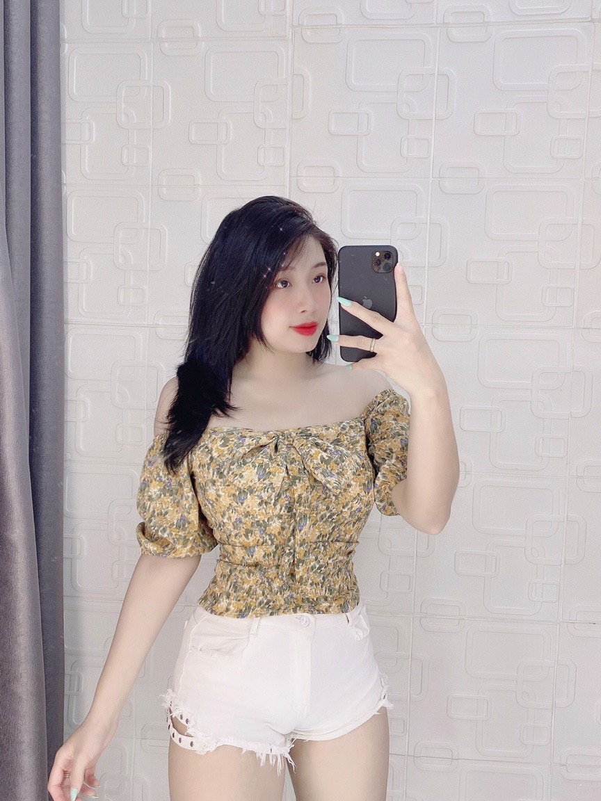 Áo voan hoa trễ vai nhún lưng nơ trước dịu dàng TTSA0830