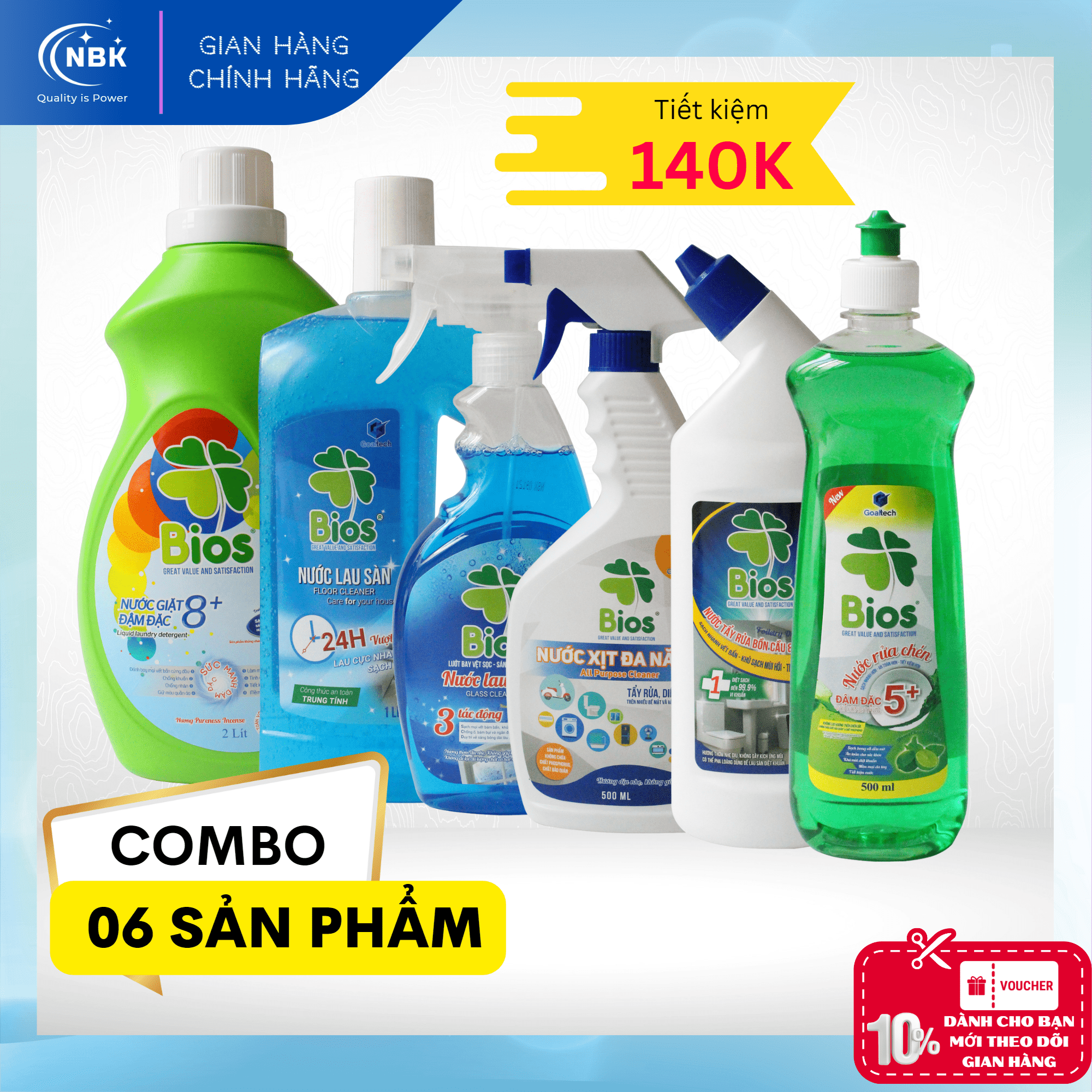 Bộ 06 chai bios: bộ 06 chai bios: túi nước giặt quần áo 2 lít, nước rửa chén 500ml, nước lau sàn 1l, nước tẩy rửa đa năng 500ml, nước tẩy rửa bồn cầu và nhà tắm 500ml, nước xịt lau kính 520ml