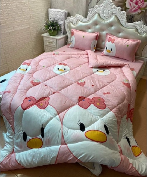 Set 5 Món Chăn Ga Gối, Chăn Chần Bông Mẫu Vịt Hồng