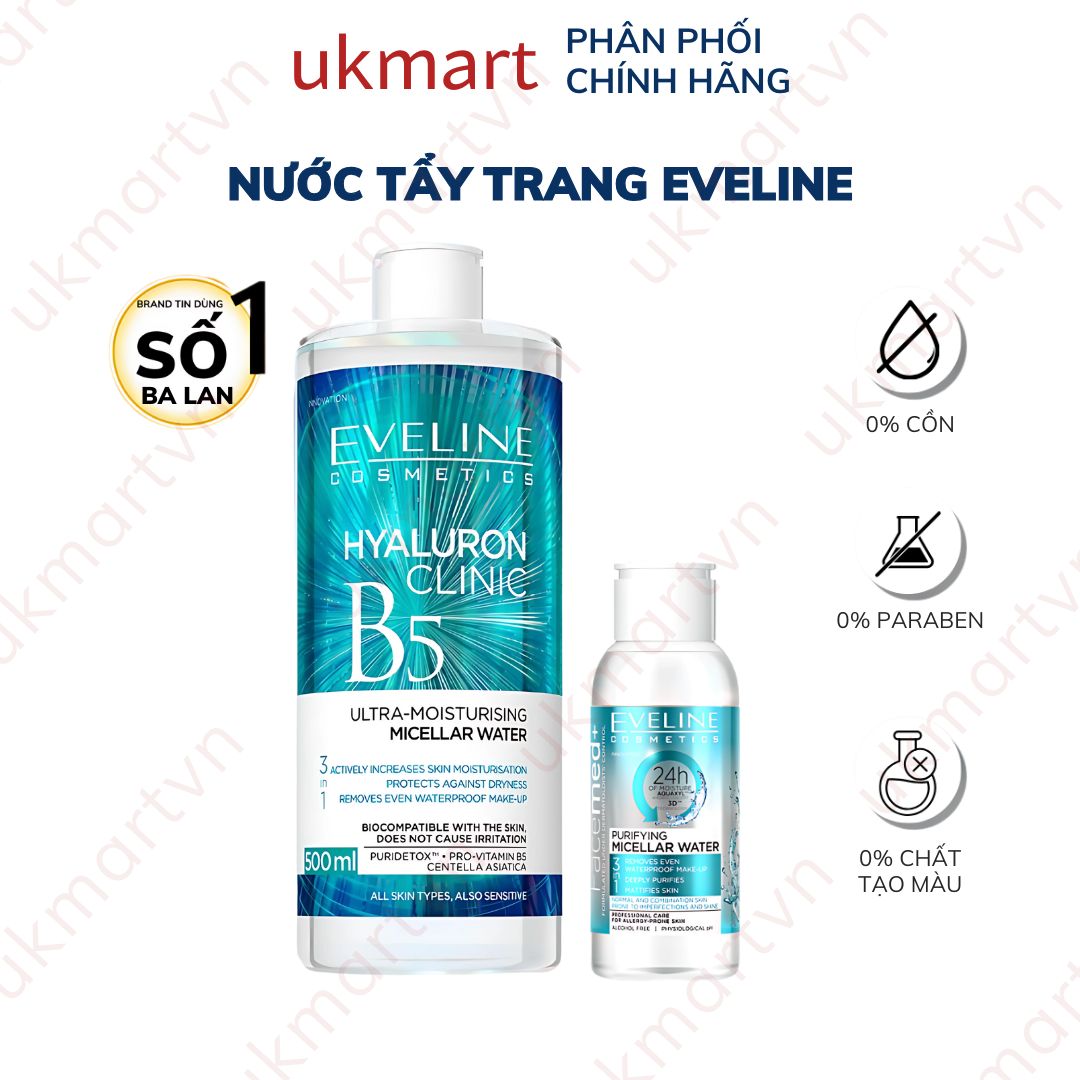 Nước Tẩy Trang Eveline Hyaluron Clinic B5 Và Tinh Chất Rau Má Làm Dịu Dưỡng Ẩm Và Phục Hồi Da 500ML