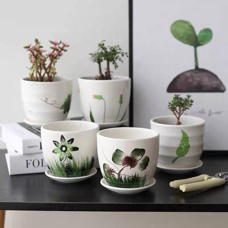 Chậu gốm sứ hoa văn để bàn kèm đĩa đựng nước - cao 10 cm