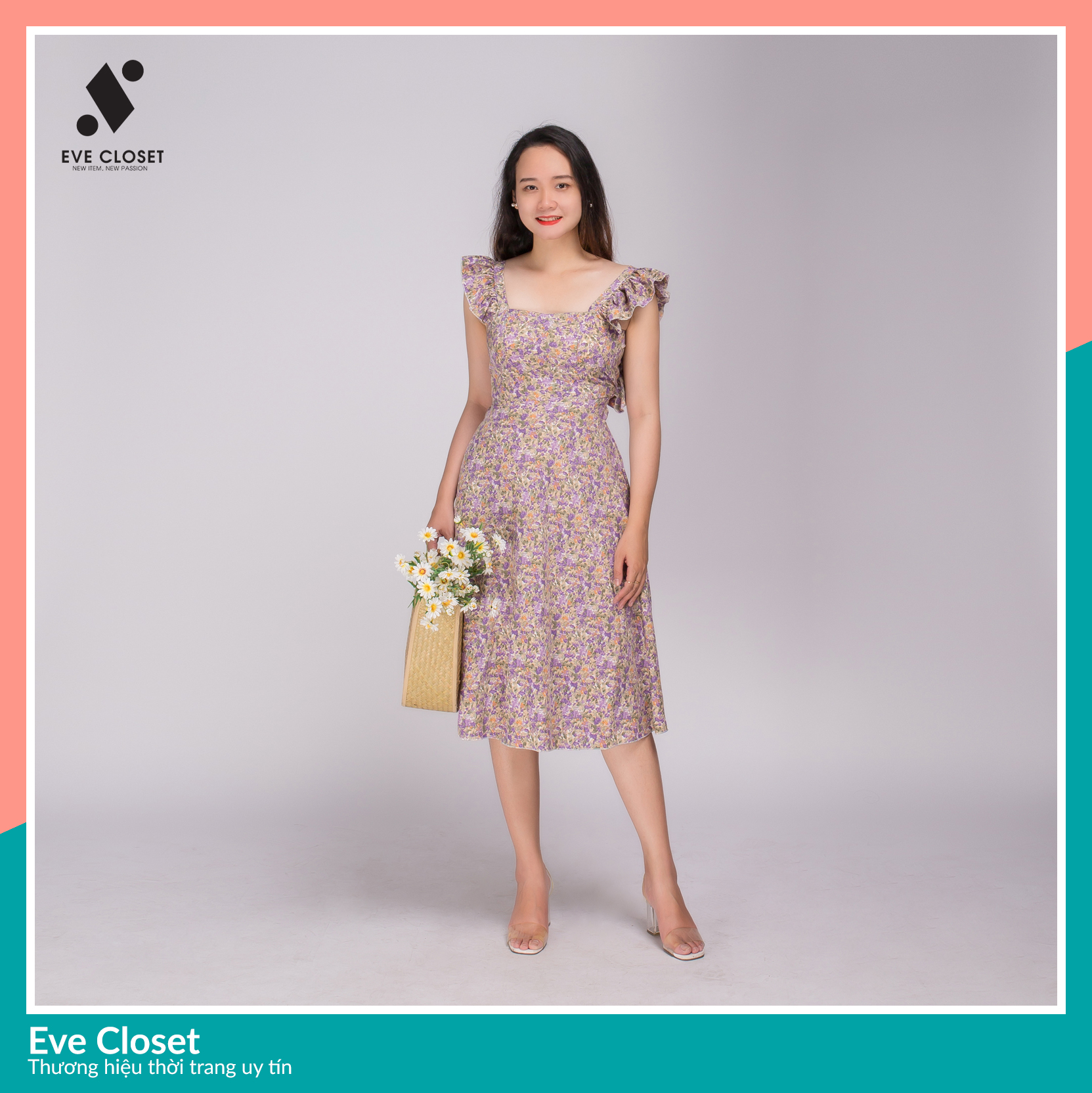 Đầm hoa nhí dáng dài, Đầm dáng xòe cánh tiên cổ vuông Freesize 42-60kg – EveCloset