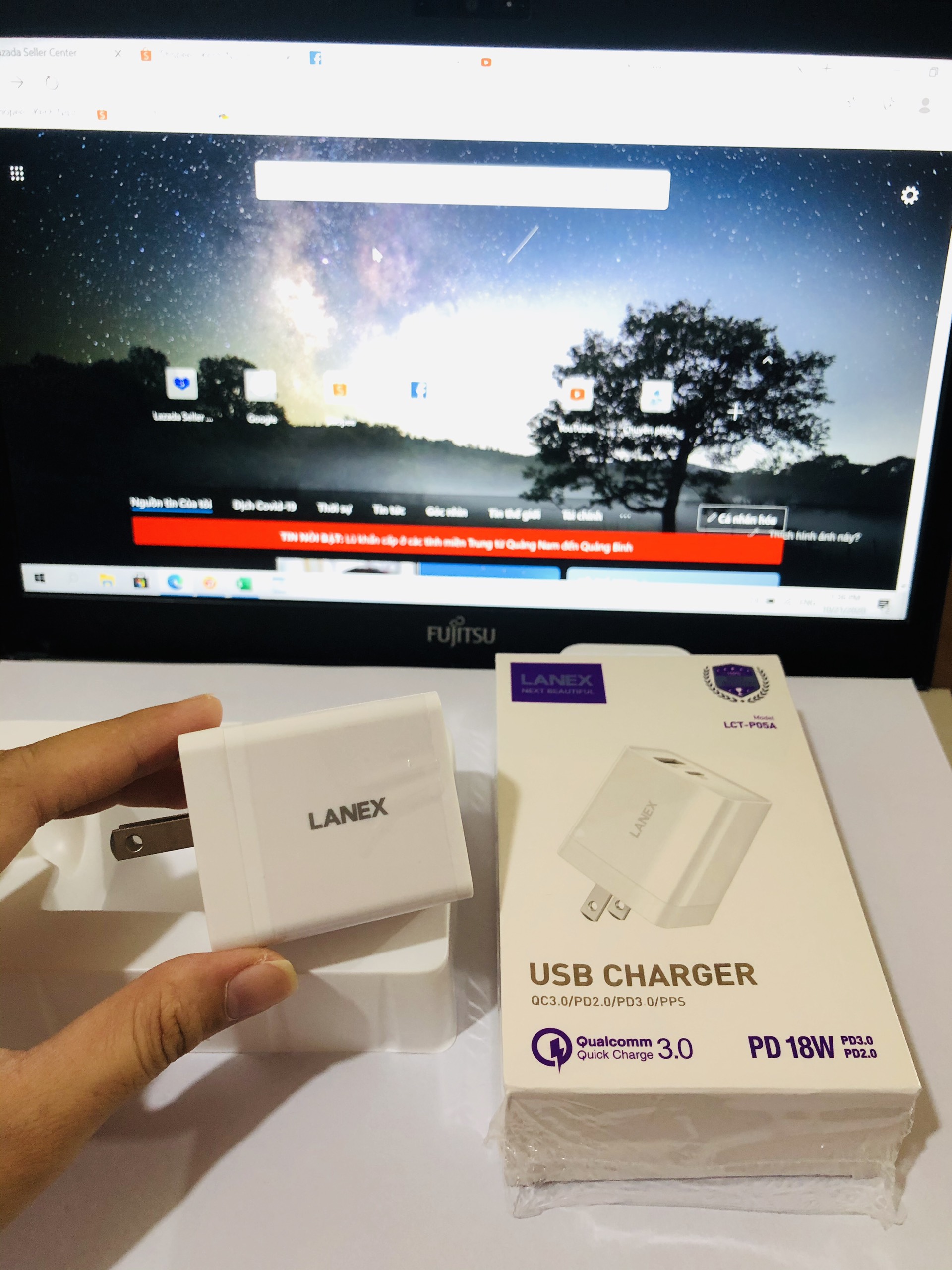 Cóc Sạc Nhanh LANEX LCT - P05A 1 Cổng USB + 1 Cổng Type-C 3.0A - PD - QC3.0 - 18W