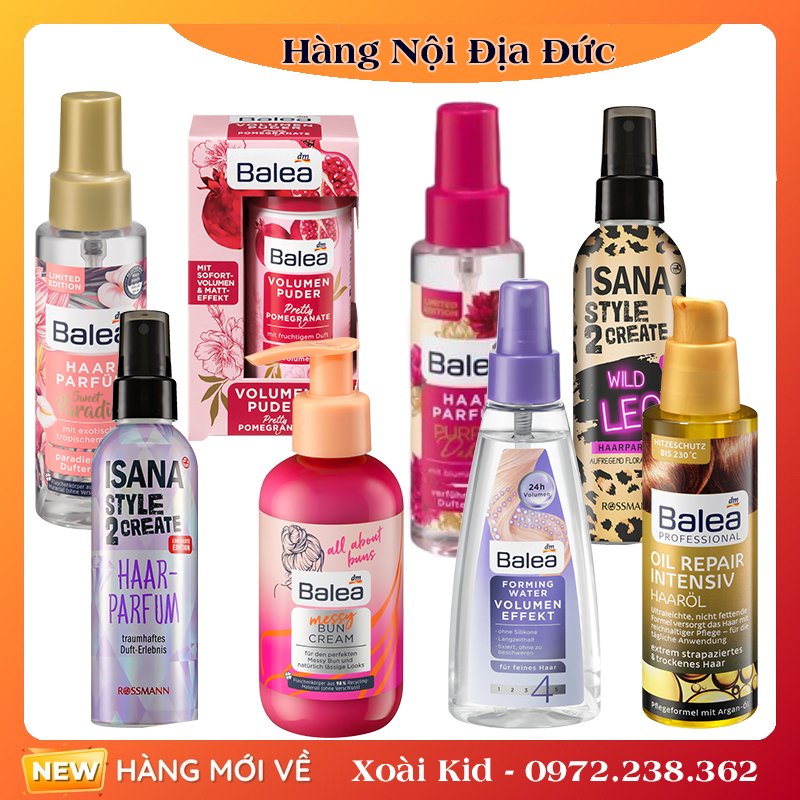 Bộ Kem làm phồng tóc, dầu dưỡng tóc, bột phồng tóc, xịt nước hoa tóc Balea của Đức- Date mới Đủ Bill