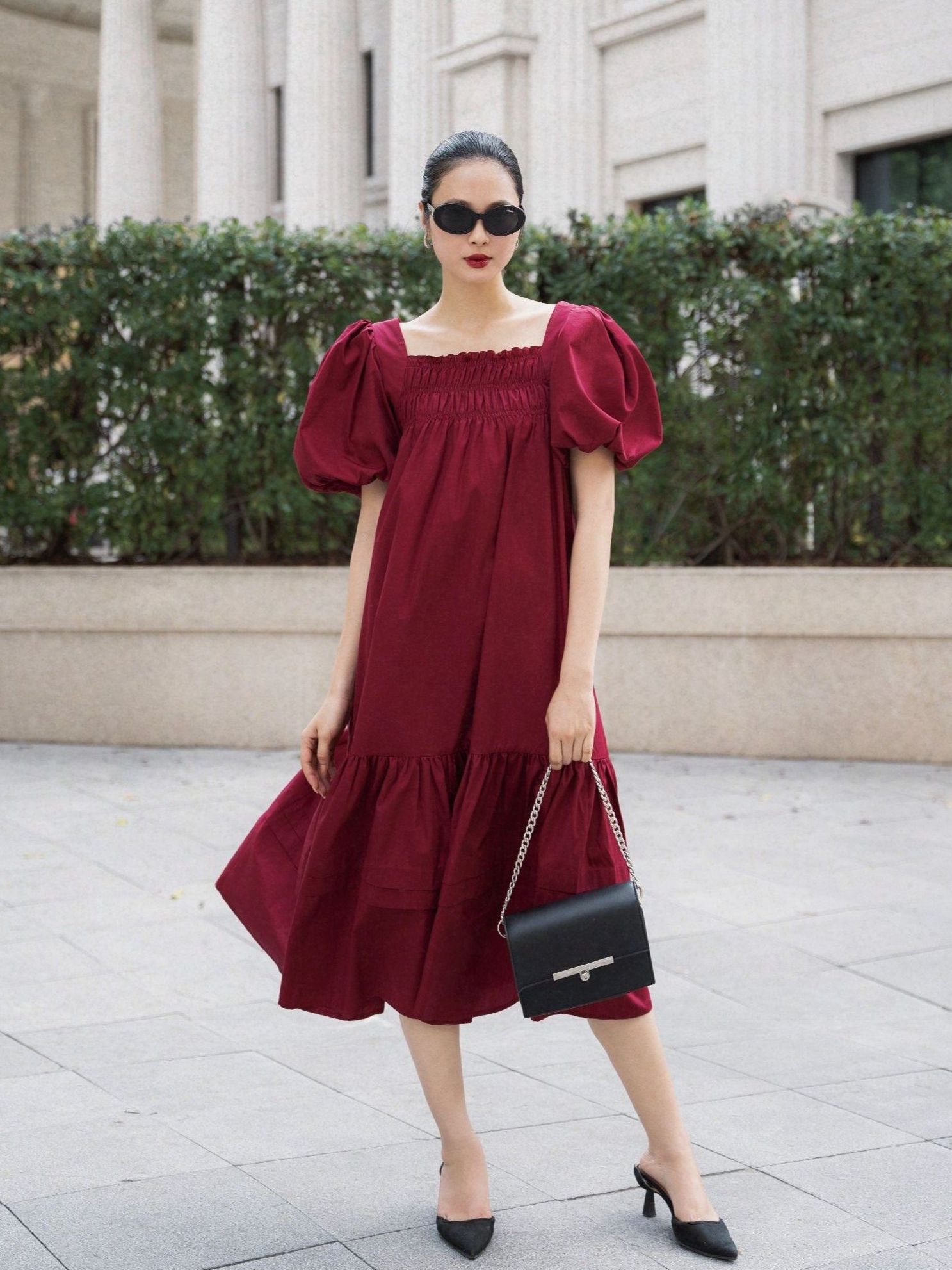 RANDOMLIST - Đầm maxi nữ tay phồng dáng suông form rộng - Đỏ đô (Burgundy)