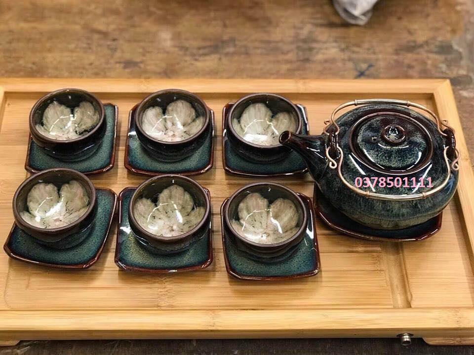 Bộ ấm chén Bát Tràng men hỏa biến lòng chén 3D hoa S1