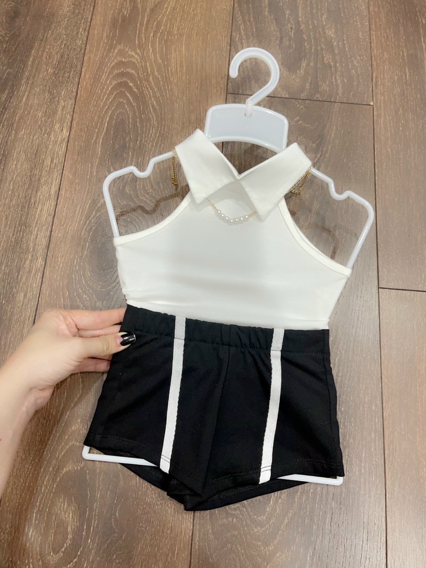 Bộ đồ bé gái áo trắng quần đen 2 sọc Cotton mùa hè 8-23kg Angel Baby Thời Trang Thiết Kế