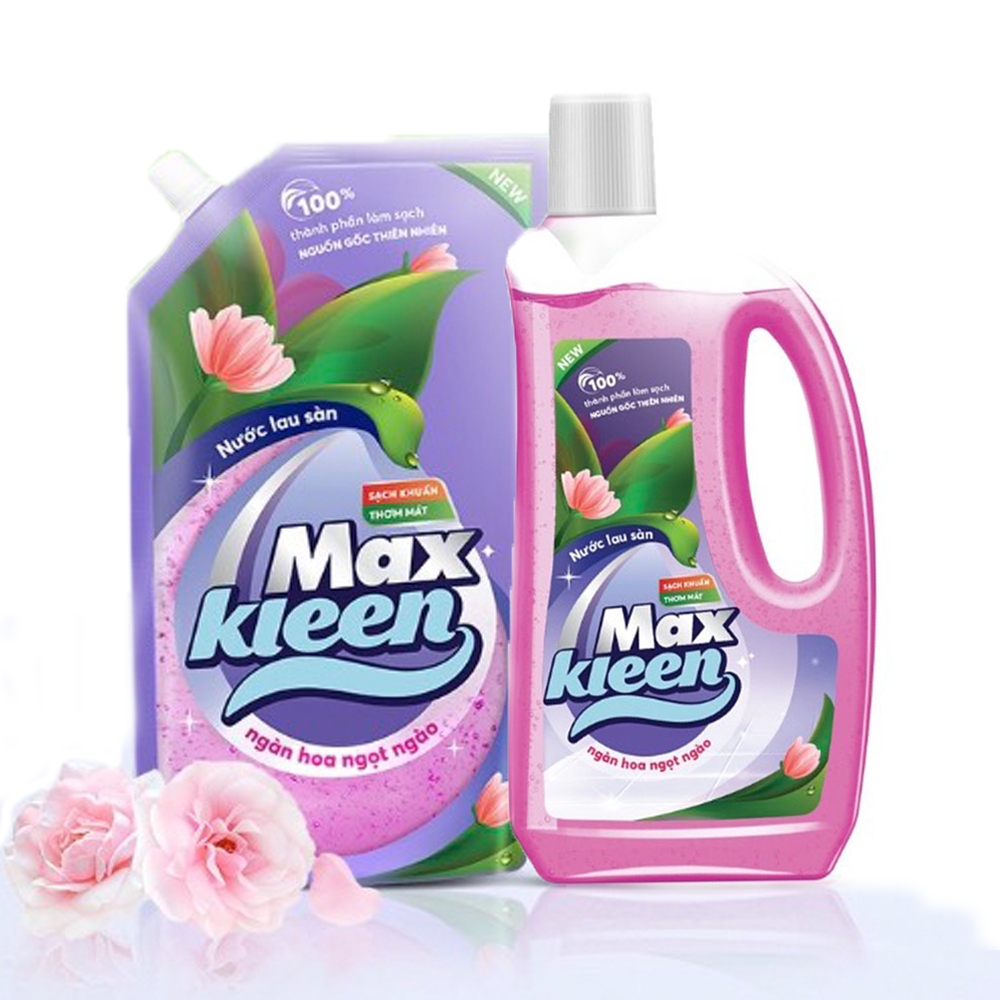 Combo Chai+Túi Nước Lau Sàn sạch khuẩn Maxkleen Hương Ngàn Hoa Ngọt Ngào 2000ml