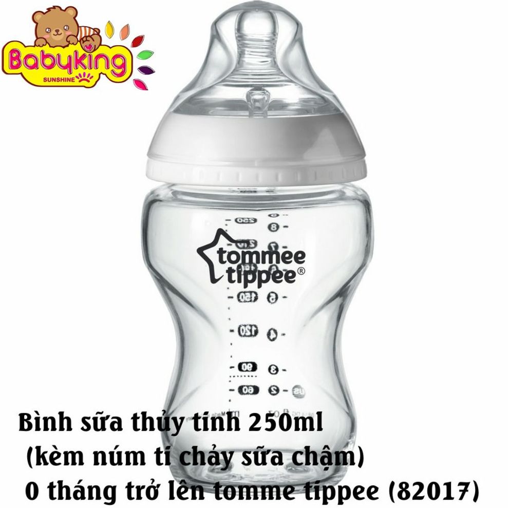 Bình sữa thủy tinh 250ml (kèm núm ti chảy sữa chậm) 0 tháng trở lên tommee tippee (82017)