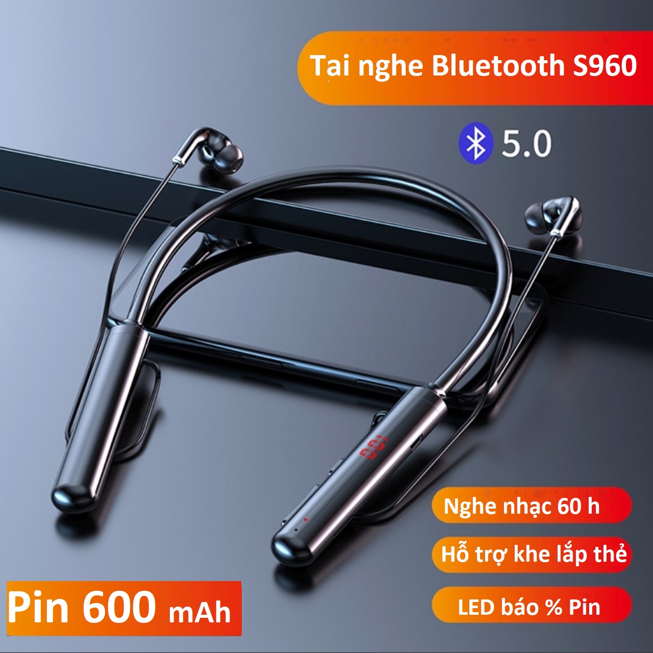 Tai Nghe Bluetooth không dây 5.0 Pin khủng 600mAh, nghe nhạc và đàm thoại từ 30h đến 60h. Phiên bản Sports-BT S960,hỗ trợ LED báo % pin, hỗ trợ khe lắp thẻ nhớ TF lên đến 32G.