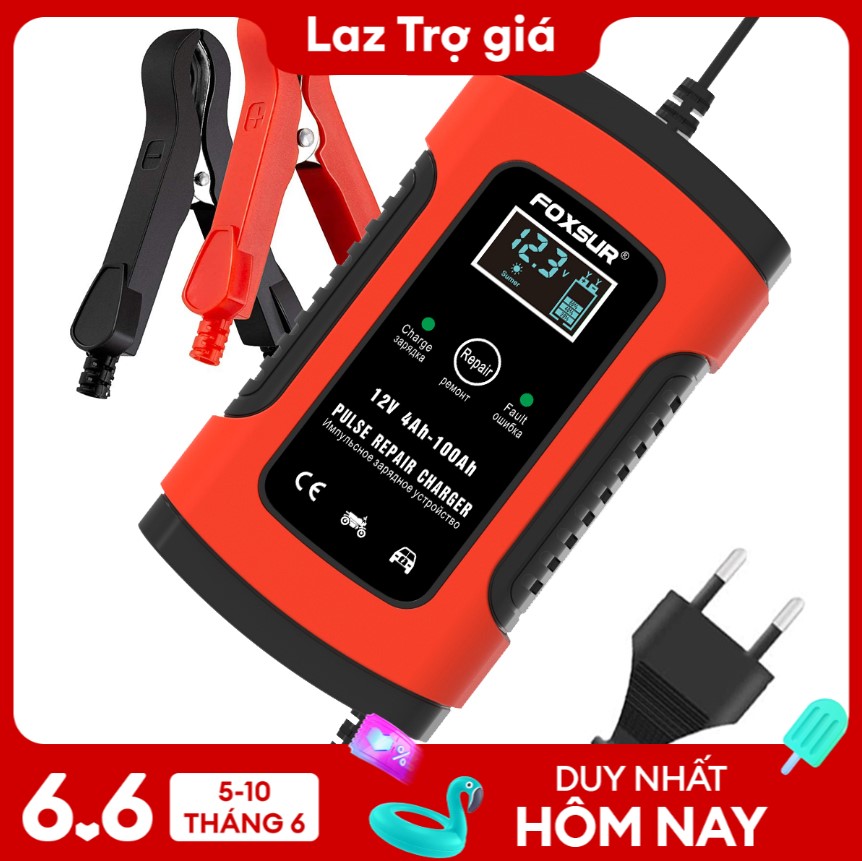Sạc bình ắc quy ô tô xe máy 12V Foxsur từ 4Ah đến 100AH có chức năng khử sunfat phục hồi bình thông minh tự ngắt khi đầy